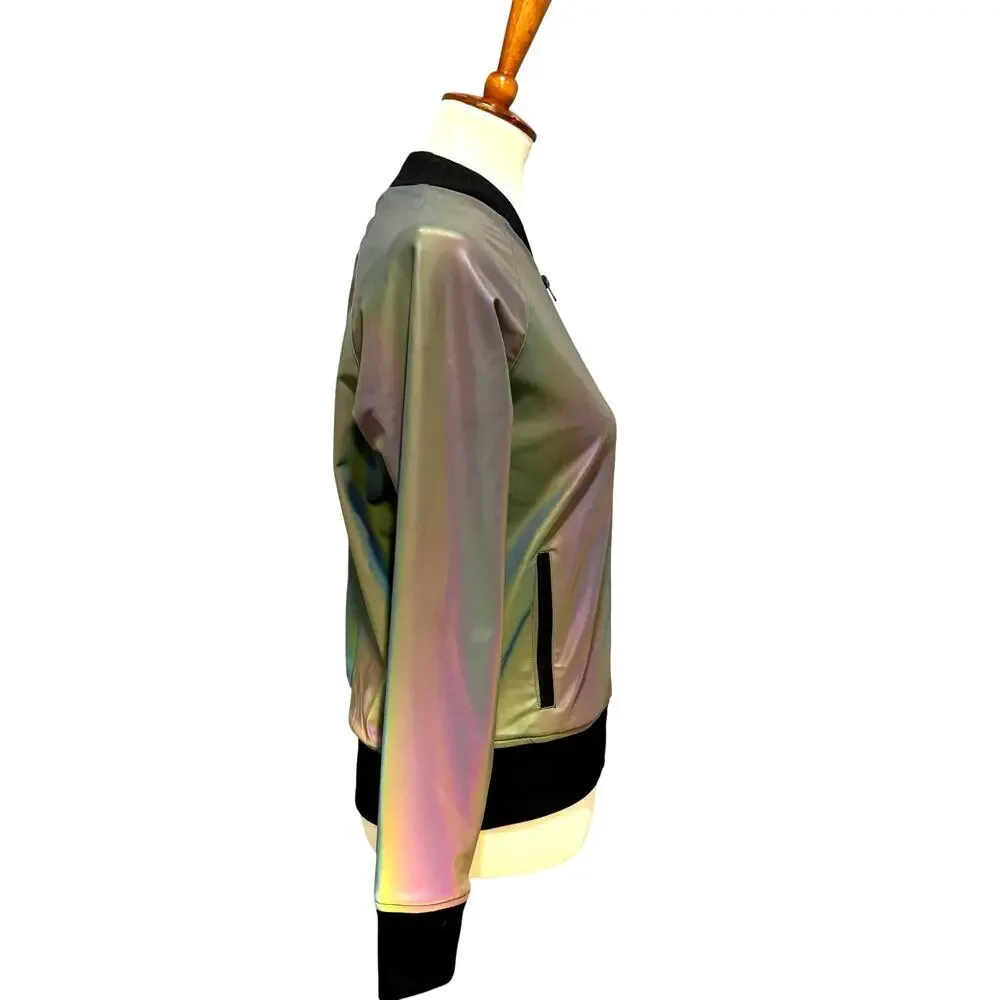Holographic Reflective Bomber Jacket Iridescent Silver Black Line Noli, Size S - Picture 5 of 10